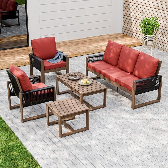 Rustic Hideaway Natural Cedar Wood Outdoor Furniture Set, Wicker Patio Conversation Set for Porch Garden Backyard, Couch, 2 Patio Chairs, Tables, 5 Piece, Brownish/Red