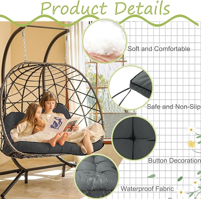 Swing Replacement Cushions with Backrest, 2 or 3 Seater Waterproof Non-Slip Overstuffed Swing Pad, Indoor/Outdoor Bench Cushion for Porch Chair Swing Garden Furniture (Dark Grey, 40 * 70.8in)