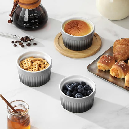 MALACASA Ramekins 6 oz Oven Safe, Small Ceramic Souffle Dishes for Creme Brulee Souffle, Stoneware Custard Cups Ramiken for Baking, Dessert Bowls Dipping Sauce Dish Set of 6, Grey, Series RAMEKIN-DISH