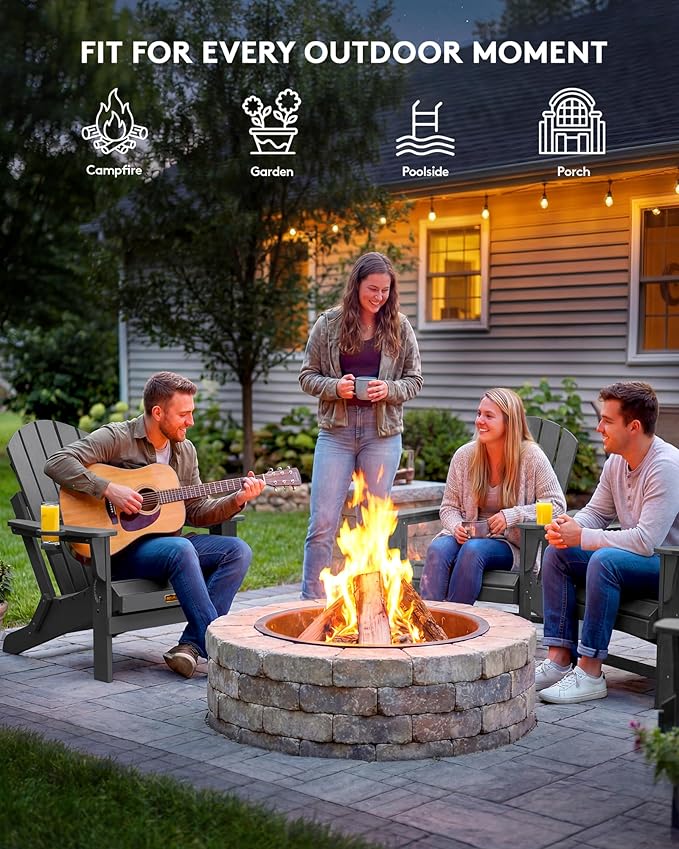 SERWALL Folding Adirondack Chair with Cup Holder for Outdoor, All-Weather Patio Chairs with Wood Texture, Fire Pit Chairs for Deck Porch Garden - Gray