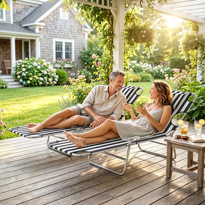 Outsunny Chaise Lounge Chairs Set of 2 Outdoor with Face Arm Hole, 5-Position Reclining Face Down Tanning Chairs with Carry Strap, Side Pocket, Portable Folding Bed Cot for Patio Pool, Black Stripe