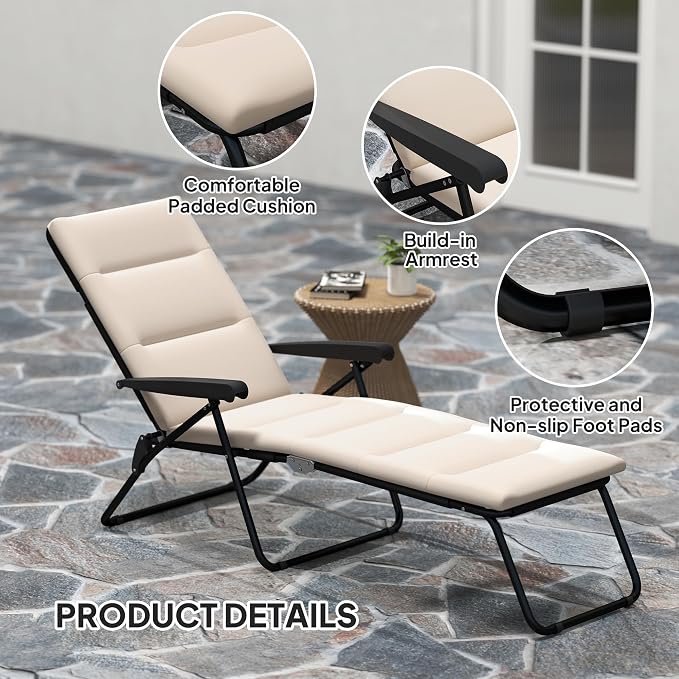 Outsunny Folding Lounge Chair, Reclining Tanning Chair, Sun Lounger with 6-Position Adjustable Back, Padded Cushion for Patio, Garden, Beach, Pool, Beige