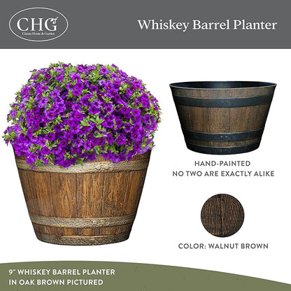 Classic Home and Garden Outdoor Whiskey Resin Flower Pot Barrel Planter, Walnut Brown, 20.5" (2 Pack)