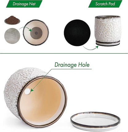 D'vine Dev 6 Inch Embossed Leaves Stoneware Planter Pot with Drainage Hole and Saucer, Smoked White, Set of 1, 27-A-X-1