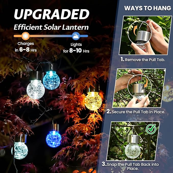 GIGALUMI Solar Lights Outdoor Waterproof, 8 Pack Solar Hanging Lights Garden Decor, Gifts for Women, Solar Outdoor Lantern Waterproof Cracked Glass for Yard, Fence, Tree(Warm White)