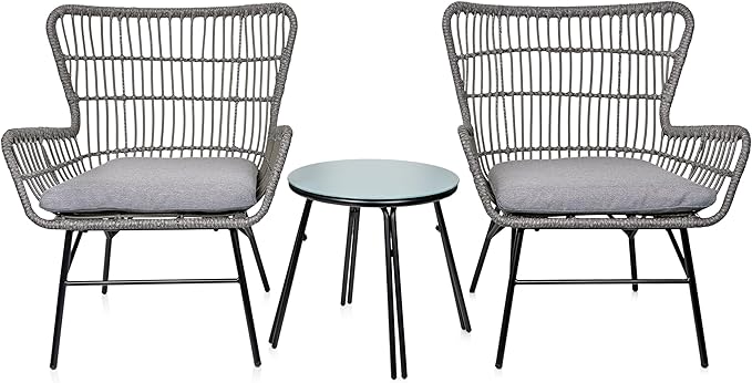 Alpine Corporation Patio Furniture 3 Pieces Outdoor Resin Wicker Conversation with Cushions Bistro Set for Patio & Deck, Gray