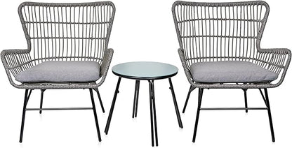 Alpine Corporation Patio Furniture 3 Pieces Outdoor Resin Wicker Conversation with Cushions Bistro Set for Patio & Deck, Gray