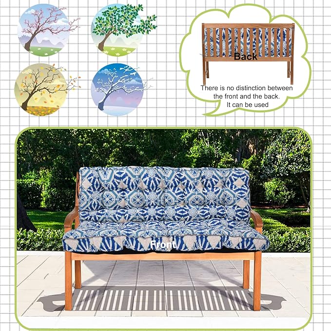 Swing Replacement Cushions with Backrest, 2 or 3 Seater Waterproof Non-Slip Overstuffed Swing Pad, Outdoor Bench Cushion for Porch Chair Swings Garden Furniture (Boho Blue, 40 * 63 in)