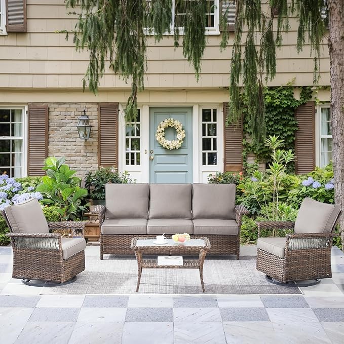 Patio Furniture Set 2 Wicker Swivel Glider Chairs Sofa with PE Rattan Coffee Table Brown Wicker Grey Cushions Patio Conversation Set 4pcs for Garden Balcony Sunroom Backyard