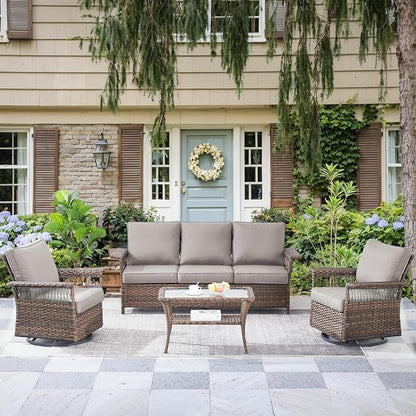Patio Furniture Set 2 Wicker Swivel Glider Chairs Sofa with PE Rattan Coffee Table Brown Wicker Grey Cushions Patio Conversation Set 4pcs for Garden Balcony Sunroom Backyard