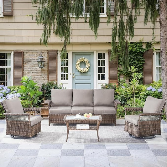 Patio Furniture Set 2 Wicker Swivel Glider Chairs Sofa with PE Rattan Coffee Table Brown Wicker Grey Cushions Patio Conversation Set 4pcs for Garden Balcony Sunroom Backyard