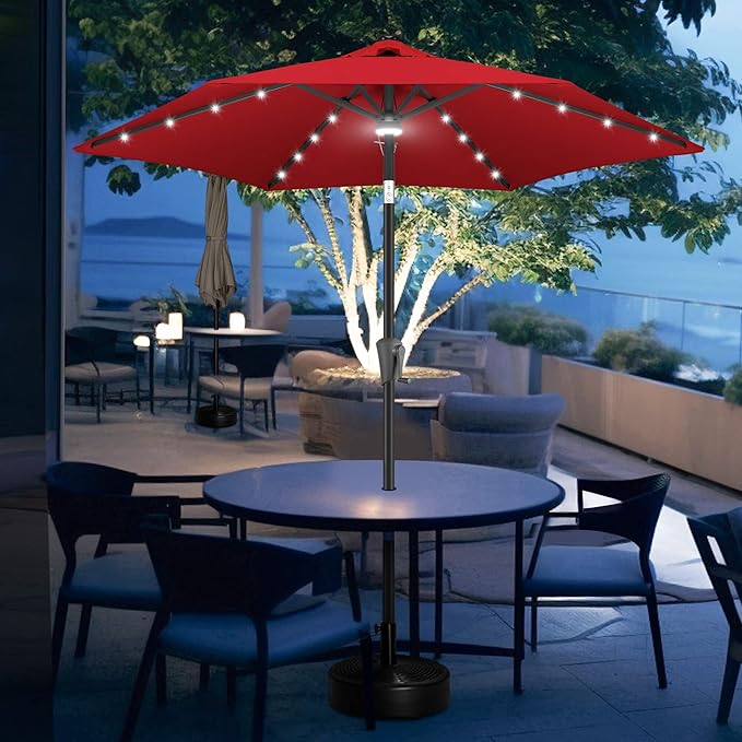 FLAME&SHADE 7.5 ft Solar Powered Outdoor Market Patio Table Umbrella with LED Lights and Tilt, Red