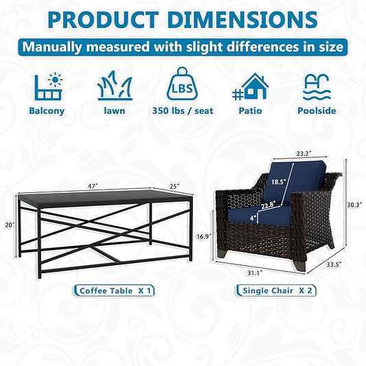 Vista Vibe 5 Pieces Outdoor Rattan Patio Conversation Furniture Set - 4 Wicker Chairs | Steel Coffee Table, Premium & Washable Cushions, Living Room, Poolside (Brown/Navy)