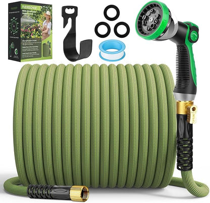 Non-Expandable Garden Hose 150 ft, Ultra Lightweight Flexible Water Hose with 10-Pattern Nozzle, Leak-Proof, High-Density Fabric, Thickened Connector, Shut-Off Valve for Yard, Lawn, Outdoor