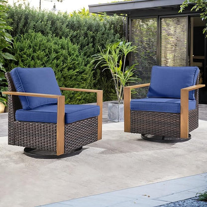 Rilyson Outdoor Patio Swivel Rocker Chairs - Wicker Rattan Patio Swivel Rocking Chairs Set of 2 with Metal Wide Armrest, Thick Cushions and Deep Seating for Deck Porch Sunroom Garden(Brown/Blue)