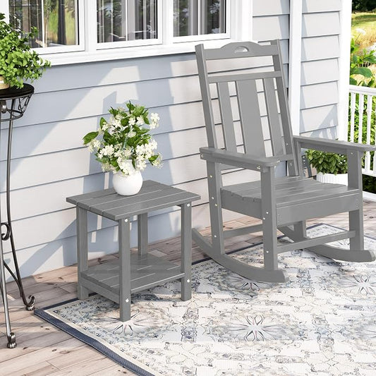 2 Tier Outdoor Side Table with Wood-Like Grain, 16.6" HDPE Adirondack Table Patio Side Table, Weather Resistant End Table for Pool, Patio & Porch, Small Outdoor Table (Grey, Rectangle)
