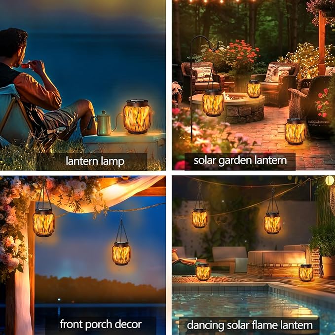 Solar Hanging Lantern Lights Outdoor Waterproof, 4 Pack Solar Flame Lantern with Hook, Metal Hanging Lanterns for Outside, Led Porch Lanterns for Patio Tree Camping Garden Decorative Lights
