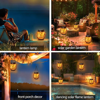 Solar Hanging Lantern Lights Outdoor Waterproof, 4 Pack Solar Flame Lantern with Hook, Metal Hanging Lanterns for Outside, Led Porch Lanterns for Patio Tree Camping Garden Decorative Lights