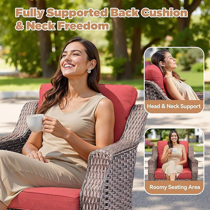 Patio Wicker Chairs Swivel Rocker-Outdoor Swivel Rocker Chair Set of 4 with All Weather Wicker Glider Rocker Set, PE Rattan Swivel Rocking Chair with 2 Side Table for Balcony Deck Porch Brown/Red