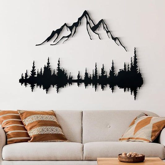 Wita Home Mountain and Forest Metal Wall Art, Wall Mounted Nature Home Decor, Pine Trees with Lake Reflection Wall Art for Living Room, Bedroom or Office, Large Outdoor Wall Decor, Nature Christmas Decor (Black Mountain-Black Forest, 18x12 inches)