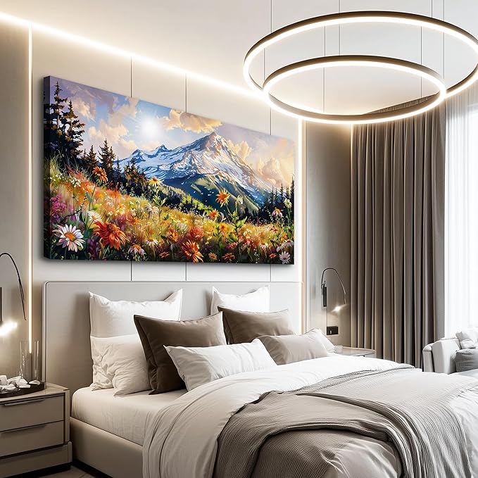 FUHAIHUA Canvas Wall Art For Living Room Large Framed Wall Decor For Office Modern Bedroom Decorations Mountain Flower Landscape Pictures Farmhouse Paintings Artwork Aesthetic Home Decor 30x60 In