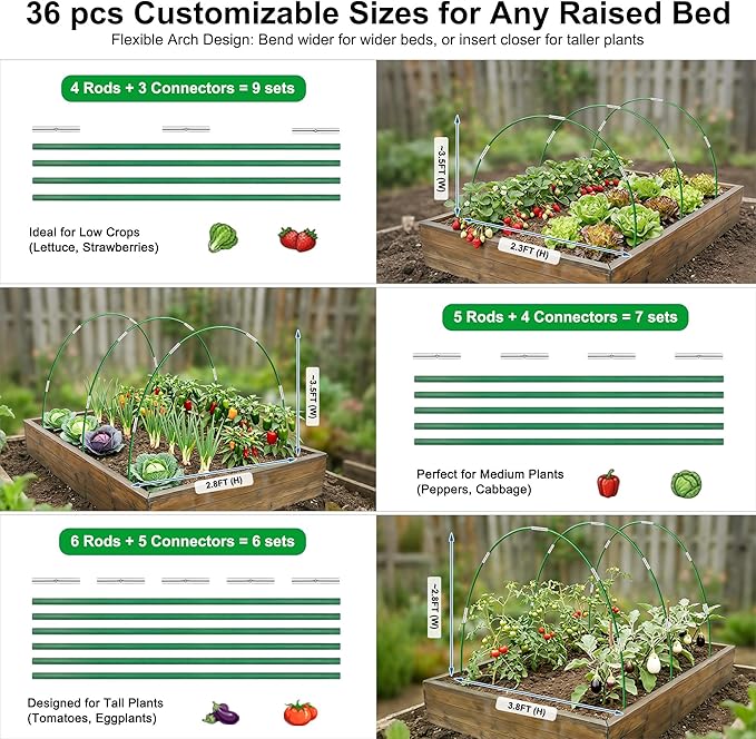 Garden Hoops for Raised Beds, Splinter-Free Fiberglass Greenhouse Hoops Grow Tunnel, 36 Pcs Adjustable Frame for Row Cover & Bird Netting, Rust-Proof DIY Outdoor Plant Stakes