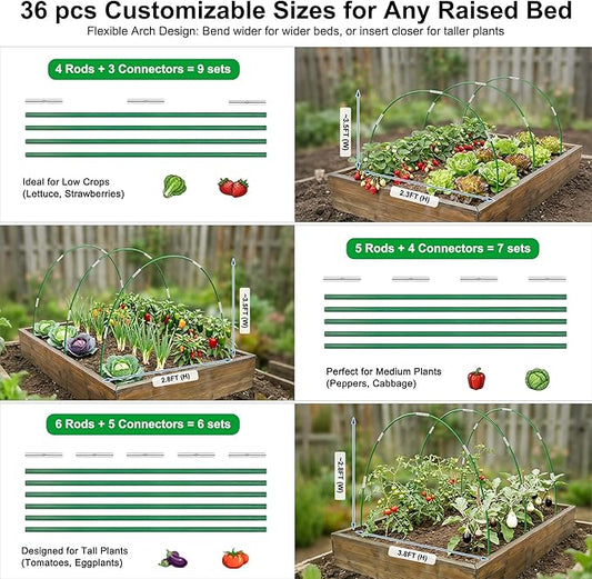 Garden Hoops for Raised Beds, Splinter-Free Fiberglass Greenhouse Hoops Grow Tunnel, 36 Pcs Adjustable Frame for Row Cover & Bird Netting, Rust-Proof DIY Outdoor Plant Stakes