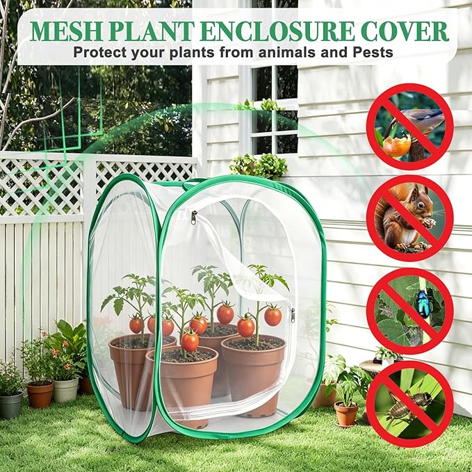 Gardon Mesh Plant Enclosure, Pop-Up Mesh Plant Cover from Pests, Birds, Animals, Plant Netting Cage for Tomato, Fruit, Vegetables, Flowers with Zipper Door 24 x 24 x 36 Inch
