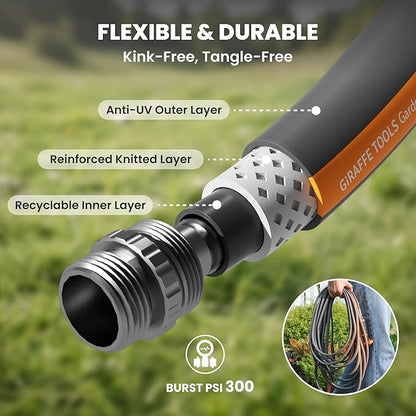 Giraffe Tools 50FT Garden Hose, 5/8" Lightweight Lay Flat Water Hose, No-Kink, Flexible Gardening Hose with Male to Female Aluminum Fitting, Customizable-Length Hose Pipe for Yard