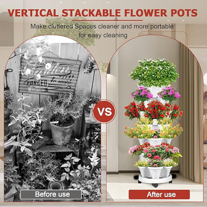 7 Tier Vertical Strawberry Planter-Tower Stackable Herb Planters-Stacking Garden Outdoor Planter Pot with Tools Mover for Flowers, Vegetables and Succulents, Light Grey
