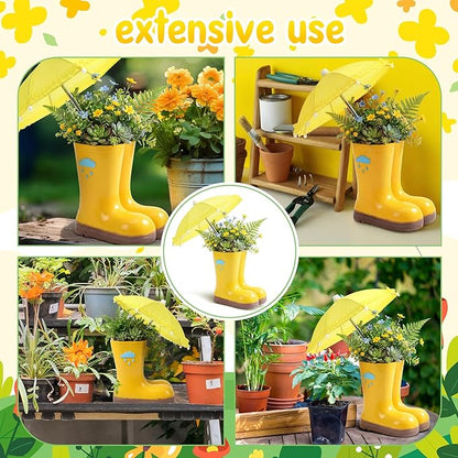Rain Boot Vase Spring Rain Boot with Yellow Umbrella 7.87 x 5.12 x 7.09 7.87 x 5.12 x 7.09 Resin Flowerpot Floral Centerpiece April Showers Table Decor for Herbs Succulents Flowers