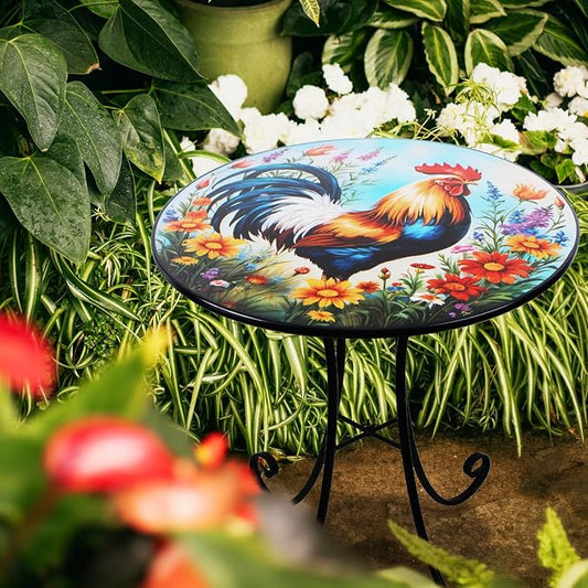 Outdoor Side Table, 18" Rooster Round Accent Table, Metal Indoor Small End Tables, Plant Stand Tables for Patio Yard Balcony Garden Bedside