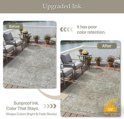 GENIMO Outdoor & Indoor Area Rug 5'x8', Waterproof, Non-Shedding, Easy Cleaning, Boho Mat for Patio, Living Room, Balcony, Dining Room, RV, Deck, Bedroom, Camping, Outside Carpet,Coffee Beige