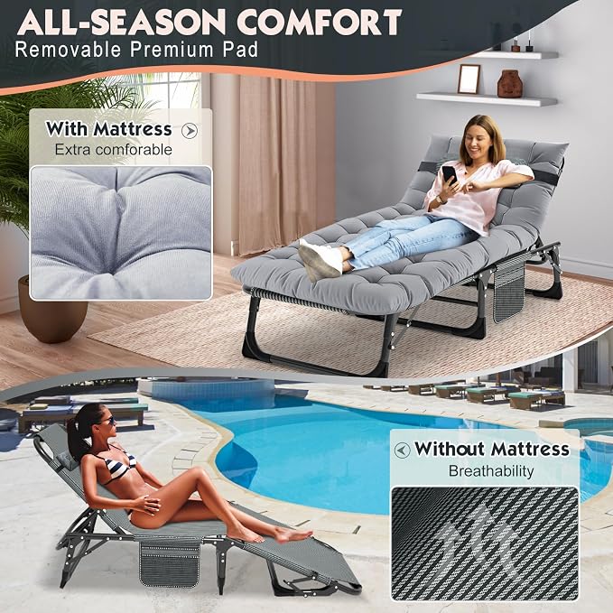 MOPHOTO Folding Lounge Chair 5-Position, Folding Cot, Portable Outdoor Chaise Lounge Chair for Sun Tanning, Perfect for Pool Beach Patio Sunbathing