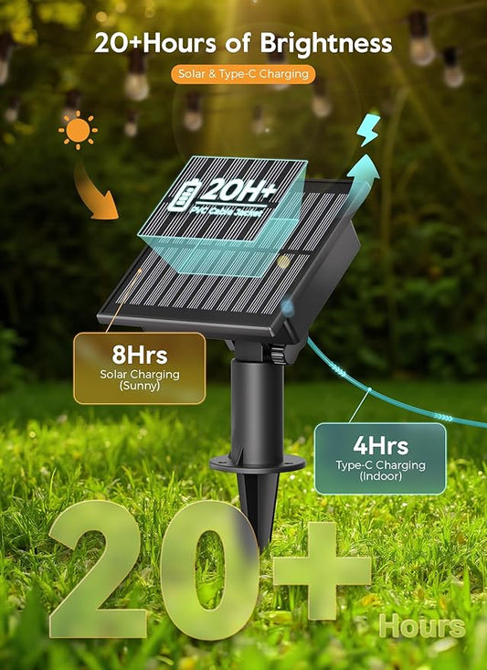 Minetom 34FT Solar String Lights Outdoor Waterproof, 9 LED S14 Shatterproof Bulb, Patio Lights with Remote Type-C Port Timable, 3 Light Modes Dimmable Solar String Lights for Outside, Yard, Camping