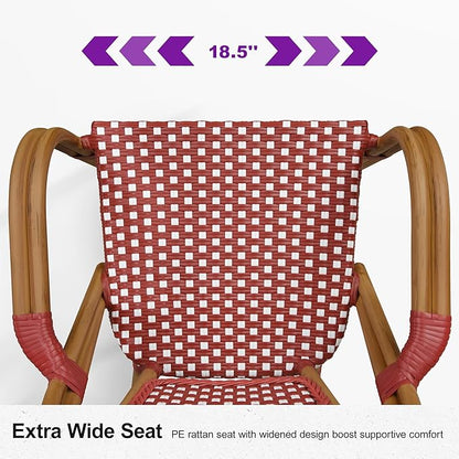 PURPLE LEAF French Bistro Chairs Set of 2 Patio Dining Chairs Hand-Woven Aluminum Wicker Rattan Armchairs for Kitchen Porch Garden Bamboo Print Finish Red White