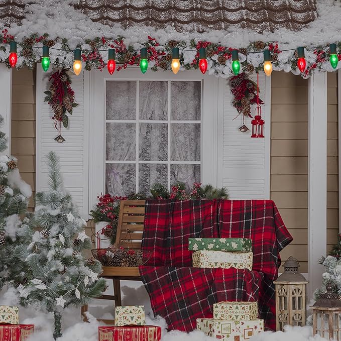 25Ft C9 Christmas Multicolor String Lights, Vintage Christmas Lights with 27 C9 Clear Red/Green/Frosted White Bulbs, Outdoor Hanging Patio Lights for Xmas Tree Path Roofline Wedding Party Decoration