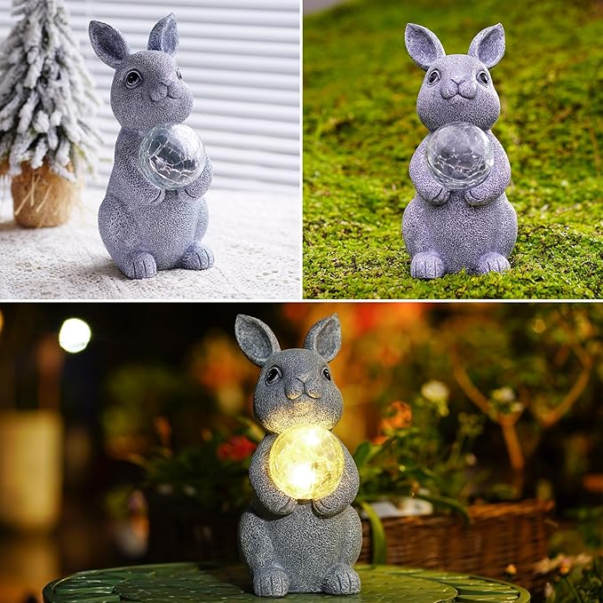 Solar Garden Outdoor Statues Bunny with Gazing Ball - Outdoor Decor Garden Rabbit Statue for Patio, Balcony, Yard, Lawn Ornament - Unique Housewarming Gifts