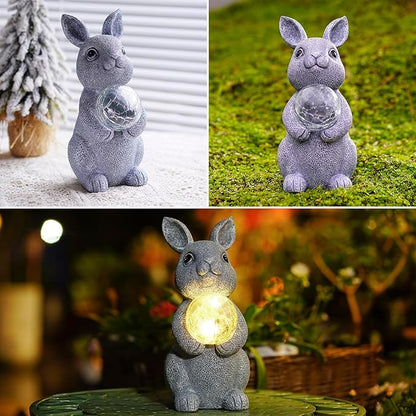 Solar Garden Outdoor Statues Bunny with Gazing Ball - Outdoor Decor Garden Rabbit Statue for Patio, Balcony, Yard, Lawn Ornament - Unique Housewarming Gifts