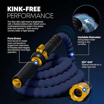 TITAN Flexible Garden Hose 15FT – Ultra Lightweight, Heavy Duty Water Hose with Brass Fittings & Jet Nozzle – Kink-Free, Non-Expanding, Durable Fabric Hose for Yard, Lawn, Car Wash, Outdoor Use