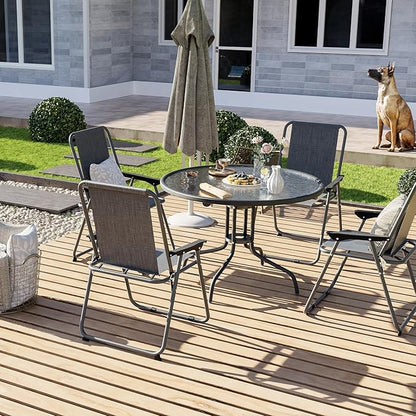 UDPATIO Folding Patio Chairs Set, Patio Dining Chairs Set of 4 and 31.5" Round Tempered Glass Metal Table with 1.57" Umbrella Hole, Black