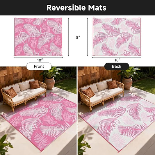 Pauwer Waterproof Outdoor Rug 8x10, Reversible Plastic Straw Patio Camping Rug, Indoor Outdoor RV Mat Carpet for Deck, Camper, Porch, Balcony, Backyard, Picnic, Leaf Pink