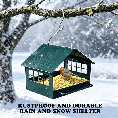 All-Metal Platform Bird Feeder for Outdoors, Dark Green Rustproof Hanging Bird Feeder with Double-Sided Long Perches, Weatherproof Wild Bird Feeder for Small Birds, Compact Garden Decor