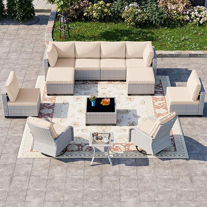 12-Piece Patio Furniture Set, Outdoor Patio Furniture with Swivel Chairs Set, Ottomans, Modular Patio Sofa, Dual-Strand Wicker Rattan, Rust-Resistant Frame, Khaki