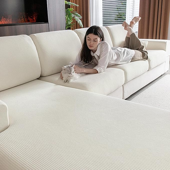 OHSIO Sectional Couch Covers, Wear Resistant Stretch Sofa Covers Washable Soft Couch Cushion Covers Anti Slip Furniture Protector Sofa Slipcovers for Pets (2 Pieces 2 Seaters Cover, Ivory)