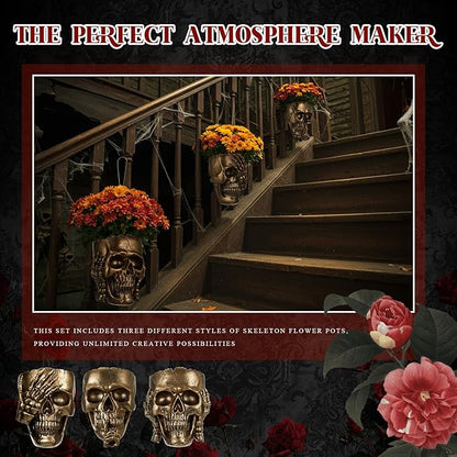 3 Pcs Skull Planter Skeleton Wall Hanging Planter Pot Gothic Spooky Head Face Flower Pot Garden Decor for Festival Party Indoor Outdoor Plants Home Garden Office Decorations(Gold)