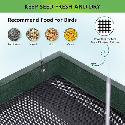 Gtongoko WPC Composite Platform Bird Feeder Hanging, Large 3.5 lbs Capacity, Durable, Seed Tray Bird Feeder for Outdoors with Metal Mesh Bottom Weather-Resistant for Garden Yard, Green