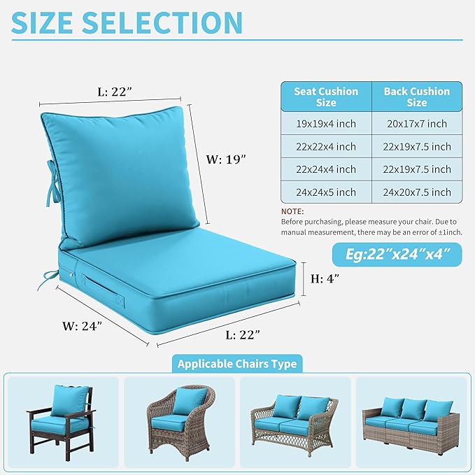 Premium Outdoor Seat Cushion Chair Cushions for Patio Furniture 22 L X 24 W X 4 H Waterproof & Fade Resistant Deep Seat and Backrest Cushion Set with Removable Covers for Chair, Sofa