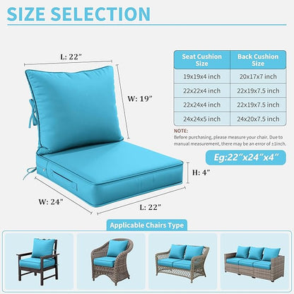 Premium Outdoor Seat Cushion Chair Cushions for Patio Furniture 22 L X 24 W X 4 H Waterproof & Fade Resistant Deep Seat and Backrest Cushion Set with Removable Covers for Chair, Sofa