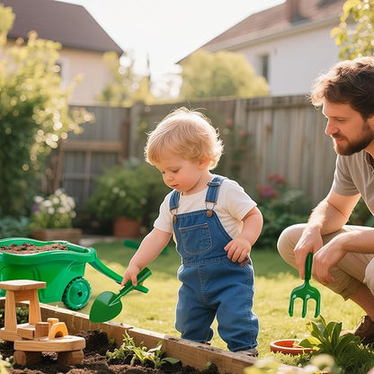 Duckura Kids Wheelbarrow Set - Gardening Tools for Kids with Shovel, Rake, Trowel, Outdoor Yard Lawn Digging Weed Toys, Easter Birthday Gifts for Boys Girls Age 2 3+Years Old(Green A)
